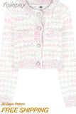 Yipinpay Cropped Rainbow Cardigan Tweed Jacket Korean Chic Fall Wrap Hip Skirt Sets 2 Piece Sets