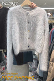 Yipinpay Cashmere Knitted Cardigan Coat Korean Fashion Solid O Neck Short Blue Mohair Sweater Wild Fleece Tops Soft New Fall