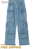 Yipinpay Popular Camouflage Multi-Pocket Jeans Women Y2K New High Waist Slim Wide Leg Mopping Overalls Unisex Loose Casual Pants