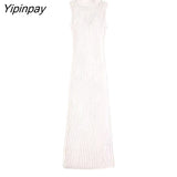 Yipinpay Elegant Women Solid Hollow Out Dresses 2023 Summer O-neck Sexy Mid-Calf Dress Fashion Causal Sleeveless Vestidos