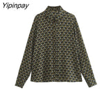 Yipinpay Elegant Geometric Print Skirt Sets 2023 Vintage Soft Long Sleeve Blouse Female Casual Folds A-line Skirt Lady Suit