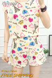 Yipinpay Summer Loose Oversized Sweet Elegant Printed Women's Shorts Set Casual Fashion Short Sleeved Top T-shirt Shorts 2-piece Set