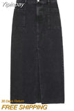 Yipinpay Black Denim Skirt Woman Slit Jean Long Skirts For Women Fashion 2023 High Waist Summer Midi Skirt Y2k Streetwear Skirts
