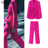 Yipinpay Women 2023 Elegant Blazer Suits Sets Fashion Long Sleeve Jacket With Belt Solid High Waisted Baggy Wide Leg Pants