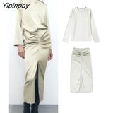 Yipinpay 2023 Women Solid Skirt Sets Spring Autumn Elegant O-neck Long Sleeve Tops Folds Straigh Skirts Casual High Street Outwear
