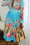 Yipinpay Women Chic Casual Long Sleeves All over Print Pleated Midi Sexy Dress