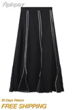 Yipinpay Line High Waist Y2k Vintage Black Open Line Skirts Women Midi Long Faldas Largas Spring Streetwear Dark Goth Harajuku