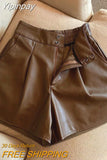 Yipinpay Women Chic Fashion Side Pockets Black Faux Leather Shorts Vintage High Waist Zipper Fly Female Short Pants Mujer PU Y2k Sexy