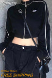 Yipinpay Grunge Zip Up Hoodie Streetwear Women Korean Fashion Casual Slim Sweatshirts Striped Black Long Sleeve Cropped Hoodie