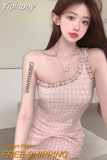 Yipinpay Hip Mini Rhinestone Pink Tweed Plaid Dress Women Korean Chic Vintage Dress Vestidos Mujer Slim One Shoulder