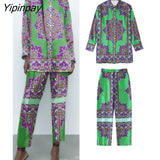 Yipinpay Newest Fashion Print Shirts Pants Sets 2023 Long Sleeved Chic Blouses+Ankle-Length Pants Street Casual Bandage Outwear