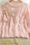 Yipinpay for Women 2023 Fall Sweet Jumper Sueter Korean O Neck Mesh Splice Pink Sequins Sweaters Hollow Twist Sweater Shirts
