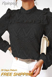Yipinpay Women's Lace Hollow Out Blouse Elegant Ruffles Shoulder Long-Sleeved Shirt Top Office Lady Round Neck Warm Floral Tops Spring