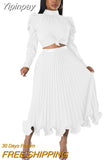 Yipinpay Women Sets Two Piece Set O-Neck Long Lantern Sleeve Top And Elegant Pleated Long Skirt High Streetwear Casual Beach Suit