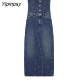 Yipinpay Women Elegant Mid-Calf Denim Dresses 2023 Fashion Off Shoulder Female Party Vestidos Back Split Pockets Dresses Outwear