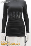 yipinpay See Through Mesh Women Chic Fashion Summer Long Sleeve Ribber Knitted Y2K Mini Dress Sexy Party Club Casual Dress 2023