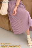 yipinpay Summer Pleated Midi Skirt Women Solid Color Elegant Lining A-line Long Faldas Female Slim Chic Cute High Waist Skirts