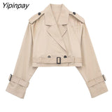 Yipinpay 2023 Women Windbreak Suit Sets Female Solid Long Sleeve Jackets With Belt High Waisted Casual Wide Leg Suits Pants Set