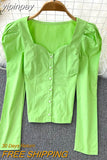 yipinpay Women's Sexy Shirts Long Sleeve Vintage Y2K Square Collar Elegant Slim Blusas Ladies OL Trendy Ruched Crop Top Female