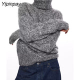 Yipinpay Simple Women Gary Knitted Sweater 2023 Spring Autumn Vintage Warm Turtleneck Long Sleeve Female Sweet Pullovers Chic Tops
