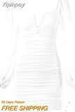 Yipinpay V-Neck Puff Sleeve Ruched Dress Women Party Double Layer Long Sleeve Sexy Mini Dresses Elegant Femme Clubwear Clothing
