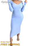 Yipinpay Winter Ribbed Knitted Cotton Dress Women Off Shoulder Long Sleeve Sexy Bodycon Dresses Elastic Slim Party Vestidos 2023