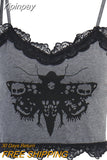 Yipinpay Emo Print Crop Top Y2k Goth Clothes Lace Trim V Neck Backless Camis Fairy Grunge Graphic Tank Tops