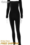 Yipinpay Ribbed Square Collar Sexy Rompers Womens Jumpsuit Black Long Sleeve Skinny Playsuit 2023 Fall Lucky Label Jumpsuits Short