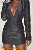 Yipinpay Women Solid Long Puff Sleeves Deep V Neck Sequins Folds Bodycon Sexy Mini Blac Dress