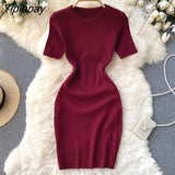 Yipinpay Women Korean Elegant Knitted Dress Short Sleeve O-neck Mini Dress Solid Elastic Slim Casual Summer Pencil Dress
