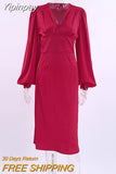 Yipinpay Party Elegant Women Red Dress Lantern Long Sleeve V-Neck Evening Midi Dress Ruched Sexy Ladies Satin Dresses 2023