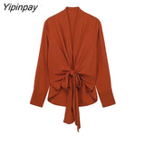 Yipinpay Women Bow Blouse Pants Sets 2023 Casual Solid Long Sleeve Loose V-neck Shirt Tops Elastic Waist Wide Leg Pants Outwear