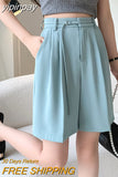 yipinpay Women High Waist Wide Leg Shorts Pants Loose Elegant Office Ladies Suit Shorts Solid Color Pockets Black Slim Pants