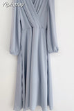Yipinpay pleated V neck long dress Puff sleeve A-line chiffon robe Korean chic retro elegant slim spring 2023 autumn office dresses