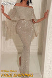 yipinpay 2023 Bling Glitter Elegant Party Evening Maxi Dress Y2K Bodycon Sexy Women Summer Off Shoulder Ruffles Solid Long Dresses
