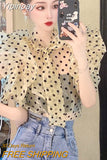 Yipinpay Puff Sleeve Black Polka Dot Shirt Women Vintage Blusa Bow Lace Up Lantern Sleeve Transparent Shirt New Blouse Top 2023