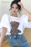 Yipinpay Neck Puff Sleeve Design T Shirt Women Summer 2023 Fresh Sweet Cartoon Bear Print Tops Fashion Elegant Temperament T Shirts