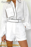 Yipinpay Patchwork Cotton Linen Shorts Sets Womens 2 Pieces Fashion Lantern Sleeve Blouses Vacation Outfits Hot Short Suits