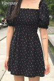 Yipinpay Collar Chiffon Floral Dress Kawai a Line Vestido Boho Black Mini Vestidos Verano 2023 Korean Retro Cute Harajuku