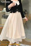 Yipinpay Velvet Midi Dress Woman Elegant 2023 Spring Patchwork Long Sleeve Casual Dress Korean Style Evening Party Dress Female
