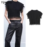 Yipinpay Vintage Women Patchwork Knitted Sweater 2023 Spring Autumn O-neck Sleeveless Solid Pullover Simple Ruffles Vintage Tops