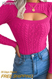 Yipinpay Winter Cutout Knit Sweaters Clothes for Women 2023 2023 Vintage Long Sleeve Cable Knit Round Neck Slim Cropped Sweaters