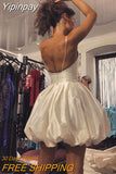Yipinpay Backless Spaghetti Straps Bubble Dress Elegant Vintage Fairy Women Sleeveless High Waist Party White Gown Vestidos