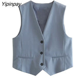 Yipinpay Women Fashion Spring Blazer Vest Pants Sets 2023 Casual Single Breasted Vest Top High Waist Zipper Wide Leg Pants Outwear