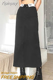 Yipinpay Vintage Y2k Long Black Skirt Women Fashion Streetwear 90s High Waist Printed Patchwork Back Split Straight Midi Skirt