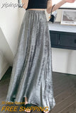 yipinpay Vintage Metallic Maxi Skirts Women Street Casual High Waist Long A-line Skirt Chic Korean Black SGothic Faldashiny