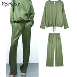 Yipinpay Fashion Spring Summer Blouse Pants Sets Suit 2023 Casual Silk Soft Short Shirts Elastic Waist Pants Outwear
