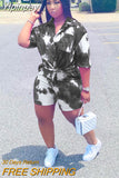Yipinpay Two Piece Set Women 2023 Dashiki African Tie Dye Shorts Sets Oversized Shirt High Waist Shorts Mujer Matching Sets Outfit