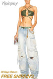Yipinpay Heavy Industry Multi-Pocket Washed Cargo Pants Women Y2K Vintage Streetwear High-Rise Loose Oversized Straight-Leg Jeans