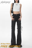 yipinpay Women's Dark Grey Vintage Flare Jeans High Waist Stretchy Self Cultivation Pants Fashion Straight Denim Trouser Ladies Summer